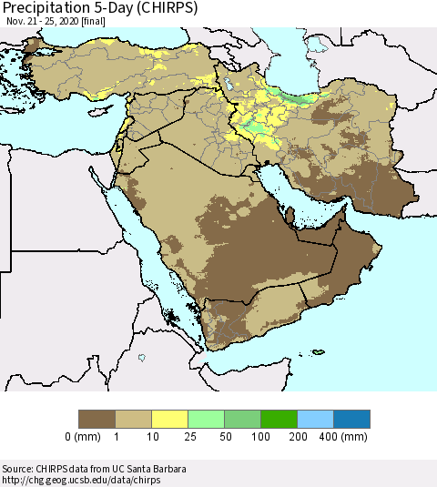 Middle East and Turkey Precipitation 5-Day (CHIRPS) Thematic Map For 11/21/2020 - 11/25/2020
