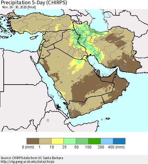 Middle East and Turkey Precipitation 5-Day (CHIRPS) Thematic Map For 11/26/2020 - 11/30/2020