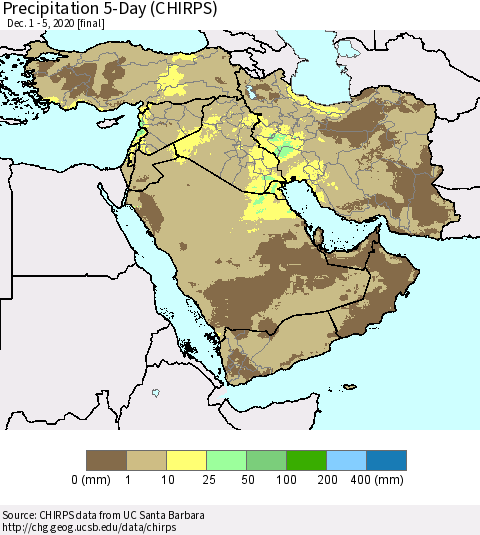 Middle East and Turkey Precipitation 5-Day (CHIRPS) Thematic Map For 12/1/2020 - 12/5/2020