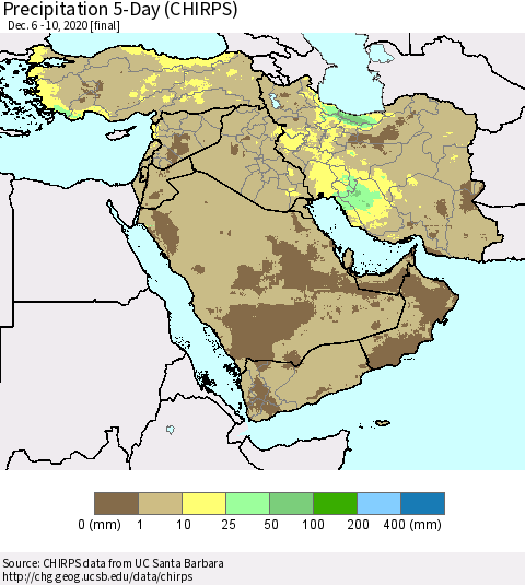 Middle East and Turkey Precipitation 5-Day (CHIRPS) Thematic Map For 12/6/2020 - 12/10/2020