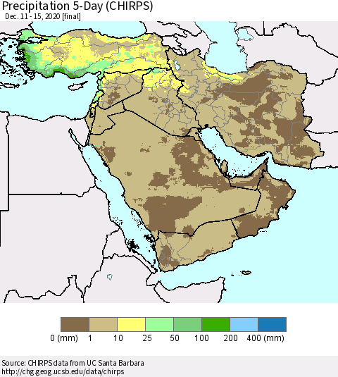Middle East and Turkey Precipitation 5-Day (CHIRPS) Thematic Map For 12/11/2020 - 12/15/2020