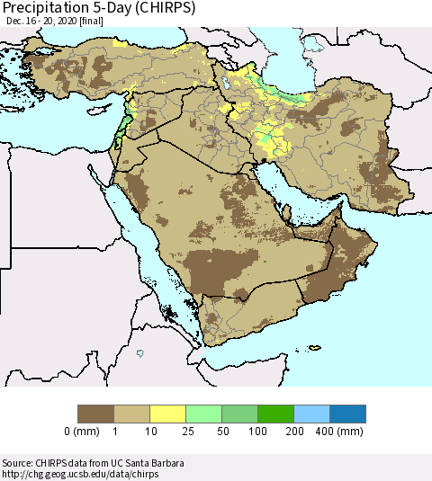 Middle East and Turkey Precipitation 5-Day (CHIRPS) Thematic Map For 12/16/2020 - 12/20/2020