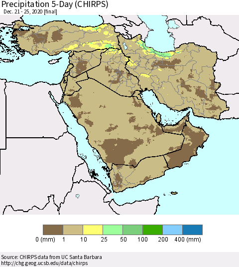 Middle East and Turkey Precipitation 5-Day (CHIRPS) Thematic Map For 12/21/2020 - 12/25/2020