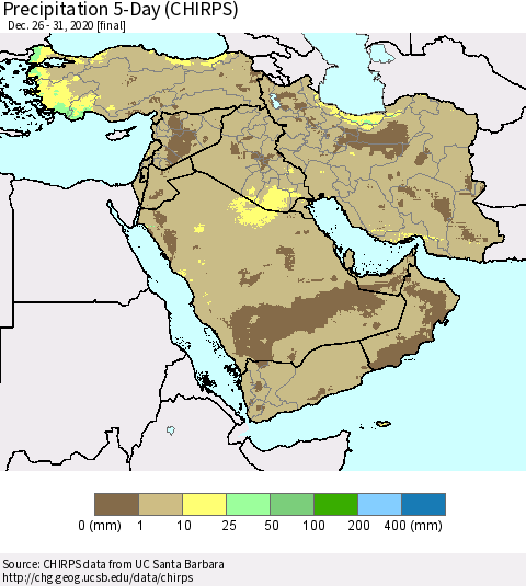 Middle East and Turkey Precipitation 5-Day (CHIRPS) Thematic Map For 12/26/2020 - 12/31/2020
