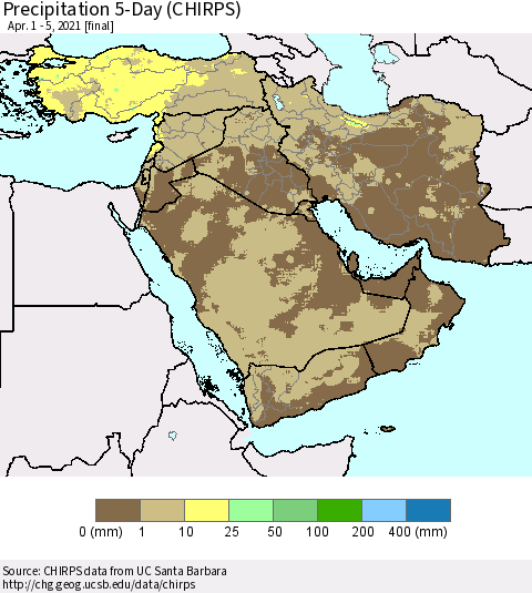 Middle East and Turkey Precipitation 5-Day (CHIRPS) Thematic Map For 4/1/2021 - 4/5/2021