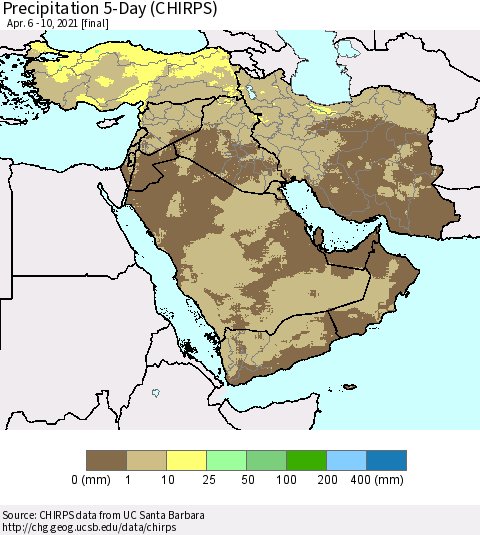 Middle East and Turkey Precipitation 5-Day (CHIRPS) Thematic Map For 4/6/2021 - 4/10/2021