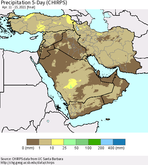 Middle East and Turkey Precipitation 5-Day (CHIRPS) Thematic Map For 4/11/2021 - 4/15/2021
