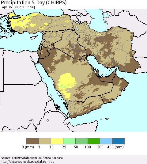 Middle East and Turkey Precipitation 5-Day (CHIRPS) Thematic Map For 4/16/2021 - 4/20/2021