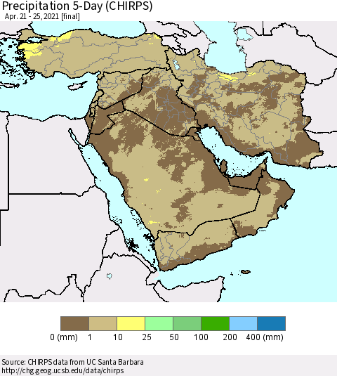 Middle East and Turkey Precipitation 5-Day (CHIRPS) Thematic Map For 4/21/2021 - 4/25/2021