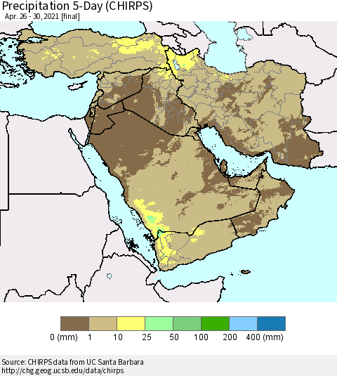 Middle East and Turkey Precipitation 5-Day (CHIRPS) Thematic Map For 4/26/2021 - 4/30/2021