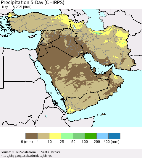 Middle East and Turkey Precipitation 5-Day (CHIRPS) Thematic Map For 5/1/2021 - 5/5/2021