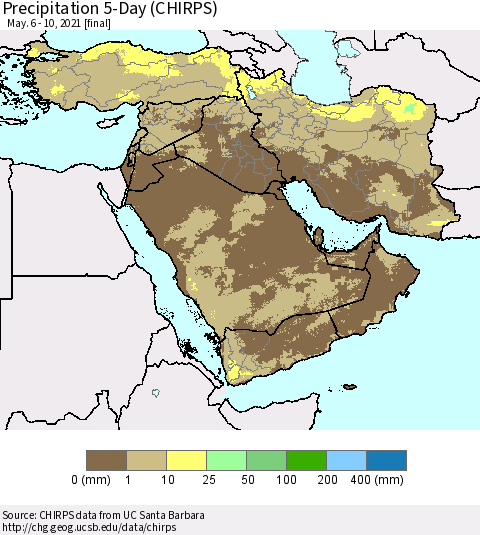 Middle East and Turkey Precipitation 5-Day (CHIRPS) Thematic Map For 5/6/2021 - 5/10/2021