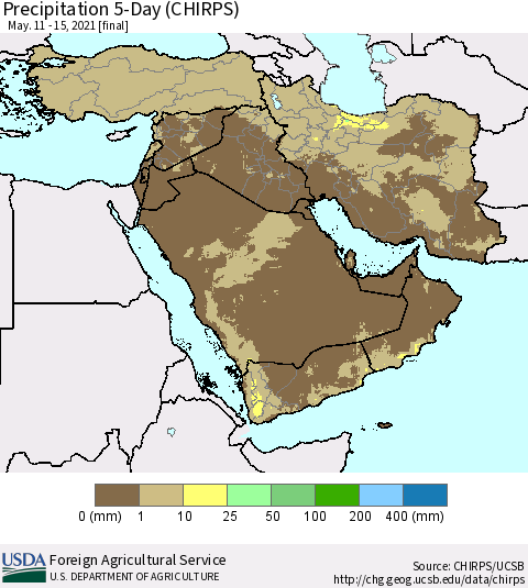 Middle East and Turkey Precipitation 5-Day (CHIRPS) Thematic Map For 5/11/2021 - 5/15/2021