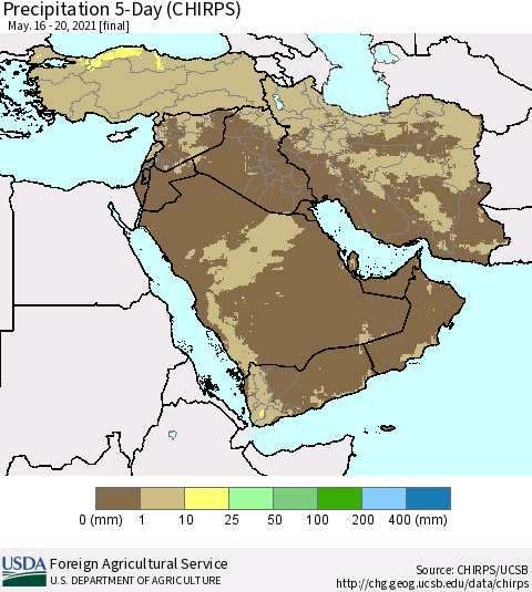 Middle East and Turkey Precipitation 5-Day (CHIRPS) Thematic Map For 5/16/2021 - 5/20/2021