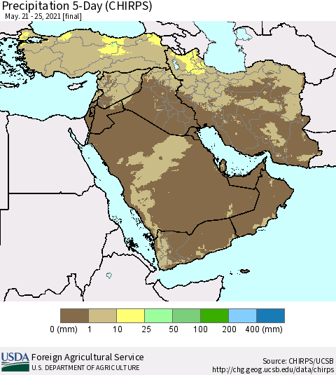 Middle East and Turkey Precipitation 5-Day (CHIRPS) Thematic Map For 5/21/2021 - 5/25/2021