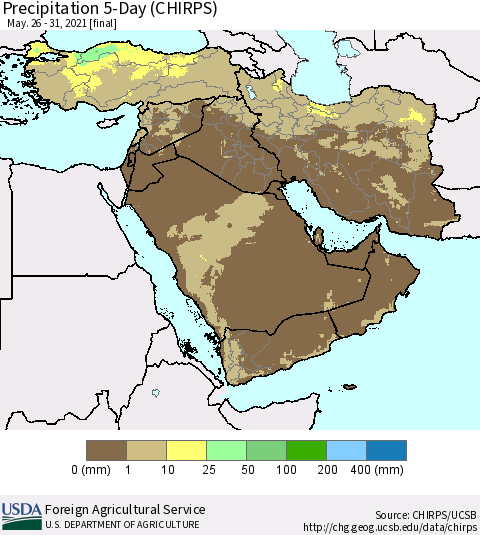 Middle East and Turkey Precipitation 5-Day (CHIRPS) Thematic Map For 5/26/2021 - 5/31/2021