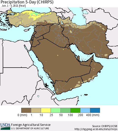 Middle East and Turkey Precipitation 5-Day (CHIRPS) Thematic Map For 6/1/2021 - 6/5/2021