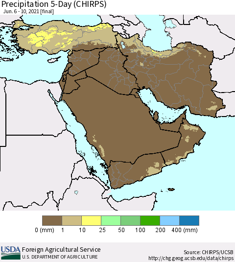 Middle East and Turkey Precipitation 5-Day (CHIRPS) Thematic Map For 6/6/2021 - 6/10/2021