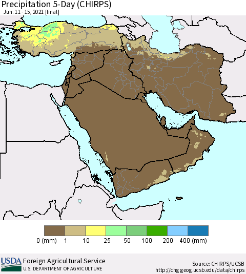Middle East and Turkey Precipitation 5-Day (CHIRPS) Thematic Map For 6/11/2021 - 6/15/2021