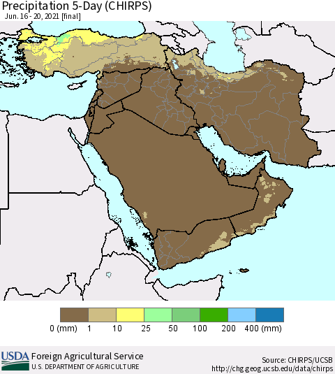Middle East and Turkey Precipitation 5-Day (CHIRPS) Thematic Map For 6/16/2021 - 6/20/2021