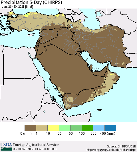Middle East and Turkey Precipitation 5-Day (CHIRPS) Thematic Map For 6/26/2021 - 6/30/2021