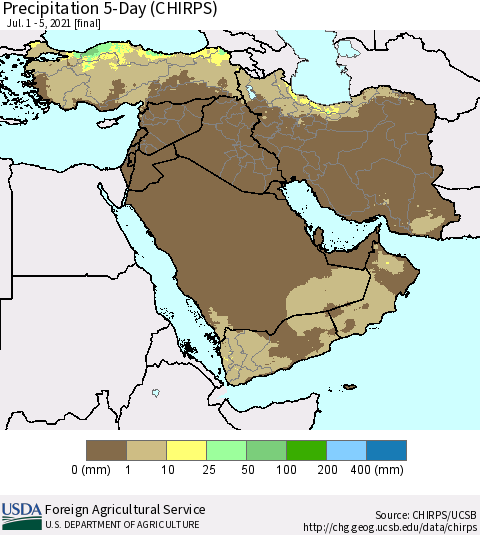 Middle East and Turkey Precipitation 5-Day (CHIRPS) Thematic Map For 7/1/2021 - 7/5/2021