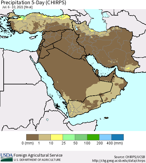 Middle East and Turkey Precipitation 5-Day (CHIRPS) Thematic Map For 7/6/2021 - 7/10/2021