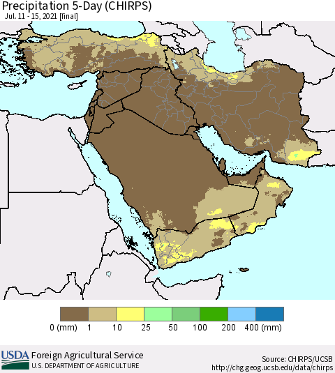 Middle East and Turkey Precipitation 5-Day (CHIRPS) Thematic Map For 7/11/2021 - 7/15/2021