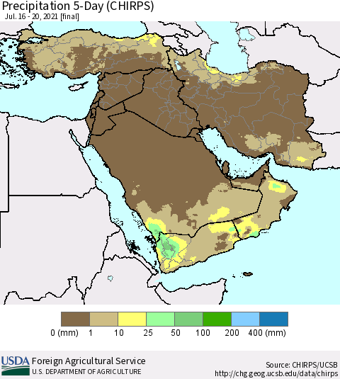 Middle East and Turkey Precipitation 5-Day (CHIRPS) Thematic Map For 7/16/2021 - 7/20/2021