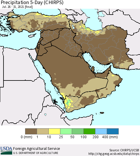 Middle East and Turkey Precipitation 5-Day (CHIRPS) Thematic Map For 7/26/2021 - 7/31/2021