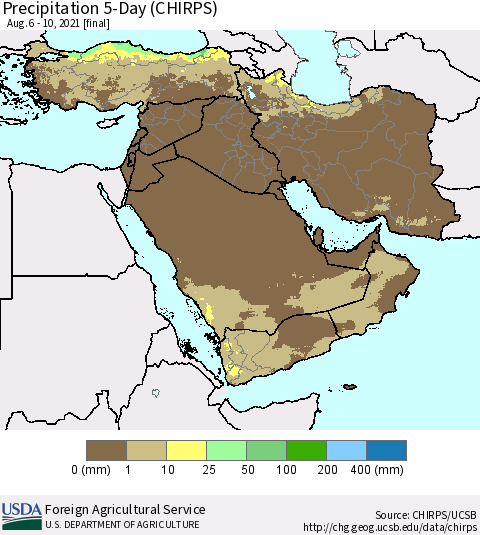 Middle East and Turkey Precipitation 5-Day (CHIRPS) Thematic Map For 8/6/2021 - 8/10/2021