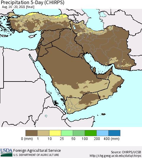 Middle East and Turkey Precipitation 5-Day (CHIRPS) Thematic Map For 8/16/2021 - 8/20/2021