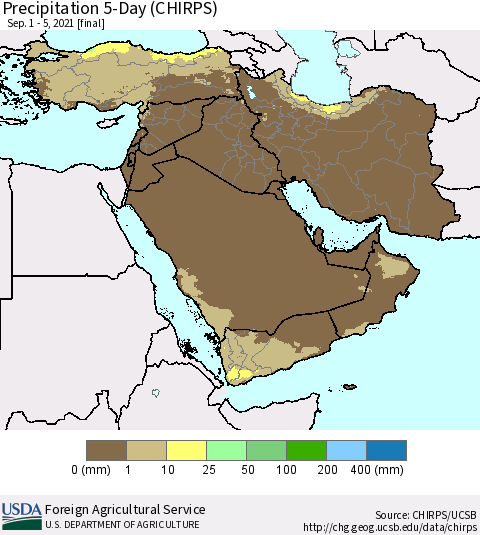 Middle East and Turkey Precipitation 5-Day (CHIRPS) Thematic Map For 9/1/2021 - 9/5/2021