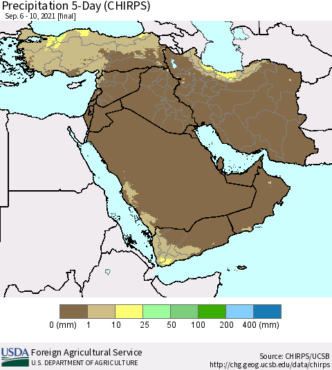 Middle East and Turkey Precipitation 5-Day (CHIRPS) Thematic Map For 9/6/2021 - 9/10/2021
