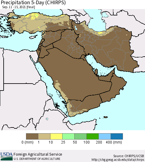Middle East and Turkey Precipitation 5-Day (CHIRPS) Thematic Map For 9/11/2021 - 9/15/2021