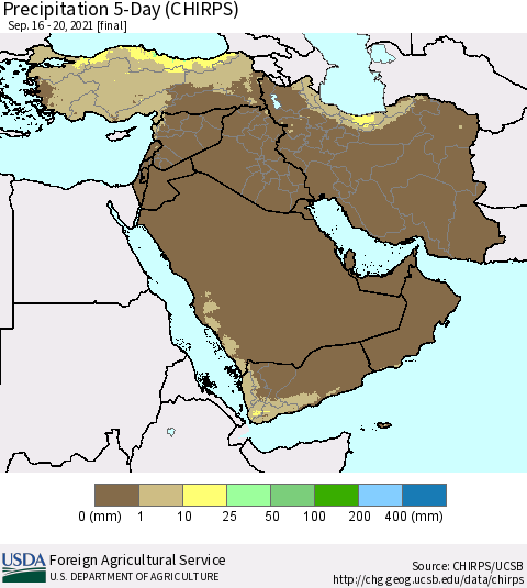 Middle East and Turkey Precipitation 5-Day (CHIRPS) Thematic Map For 9/16/2021 - 9/20/2021