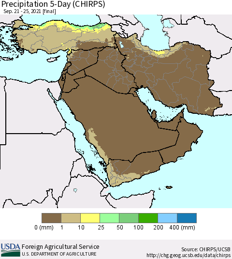 Middle East and Turkey Precipitation 5-Day (CHIRPS) Thematic Map For 9/21/2021 - 9/25/2021