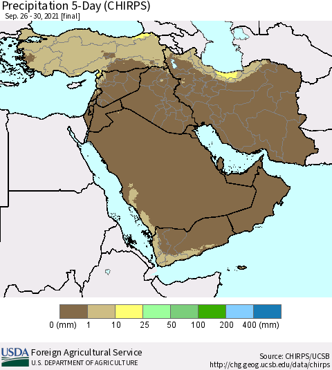 Middle East and Turkey Precipitation 5-Day (CHIRPS) Thematic Map For 9/26/2021 - 9/30/2021