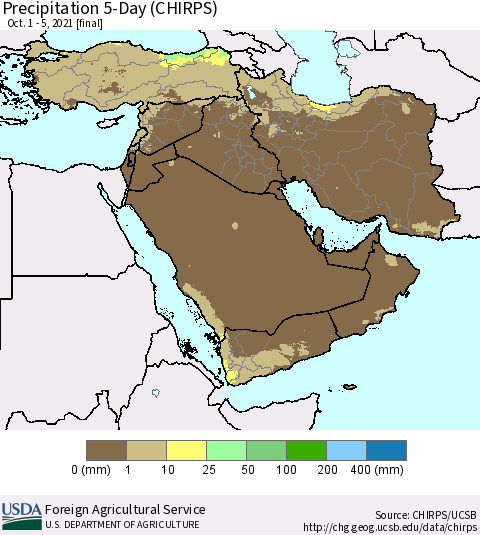 Middle East and Turkey Precipitation 5-Day (CHIRPS) Thematic Map For 10/1/2021 - 10/5/2021