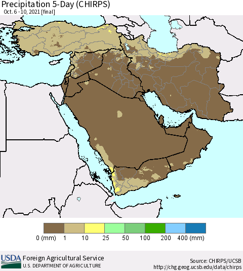 Middle East and Turkey Precipitation 5-Day (CHIRPS) Thematic Map For 10/6/2021 - 10/10/2021