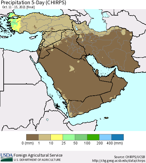 Middle East and Turkey Precipitation 5-Day (CHIRPS) Thematic Map For 10/11/2021 - 10/15/2021