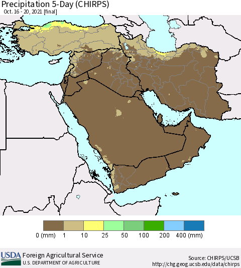 Middle East and Turkey Precipitation 5-Day (CHIRPS) Thematic Map For 10/16/2021 - 10/20/2021