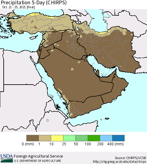 Middle East and Turkey Precipitation 5-Day (CHIRPS) Thematic Map For 10/21/2021 - 10/25/2021