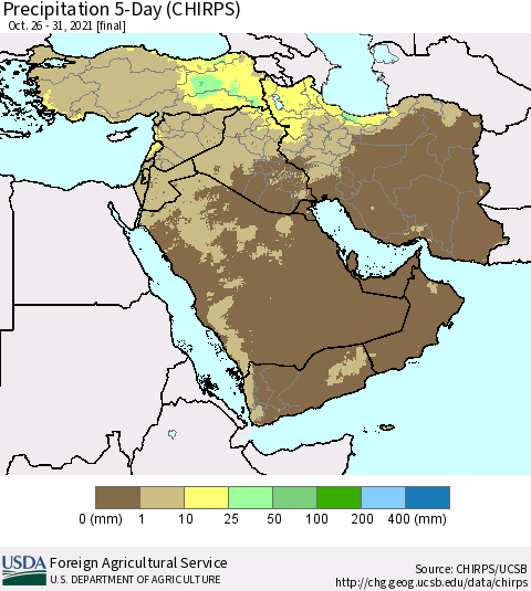 Middle East and Turkey Precipitation 5-Day (CHIRPS) Thematic Map For 10/26/2021 - 10/31/2021