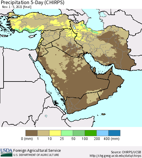 Middle East and Turkey Precipitation 5-Day (CHIRPS) Thematic Map For 11/1/2021 - 11/5/2021