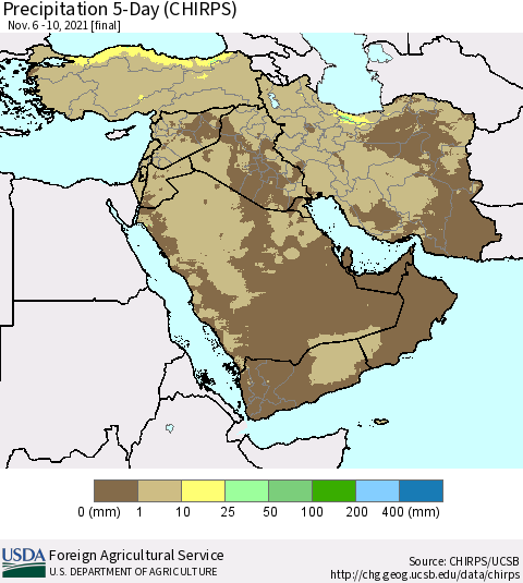 Middle East and Turkey Precipitation 5-Day (CHIRPS) Thematic Map For 11/6/2021 - 11/10/2021