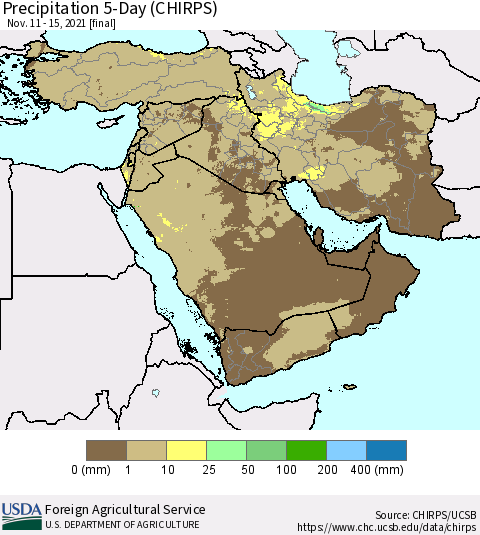 Middle East and Turkey Precipitation 5-Day (CHIRPS) Thematic Map For 11/11/2021 - 11/15/2021