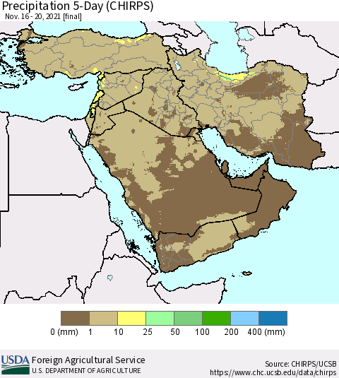 Middle East and Turkey Precipitation 5-Day (CHIRPS) Thematic Map For 11/16/2021 - 11/20/2021