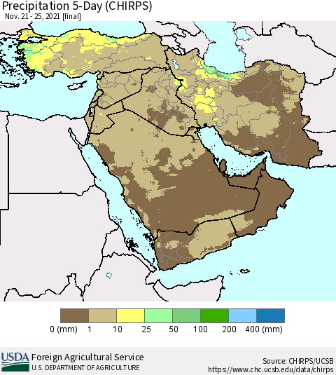 Middle East and Turkey Precipitation 5-Day (CHIRPS) Thematic Map For 11/21/2021 - 11/25/2021