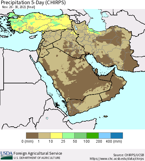 Middle East and Turkey Precipitation 5-Day (CHIRPS) Thematic Map For 11/26/2021 - 11/30/2021